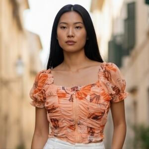 MICHEL Orange Floral Crop Top Size Small